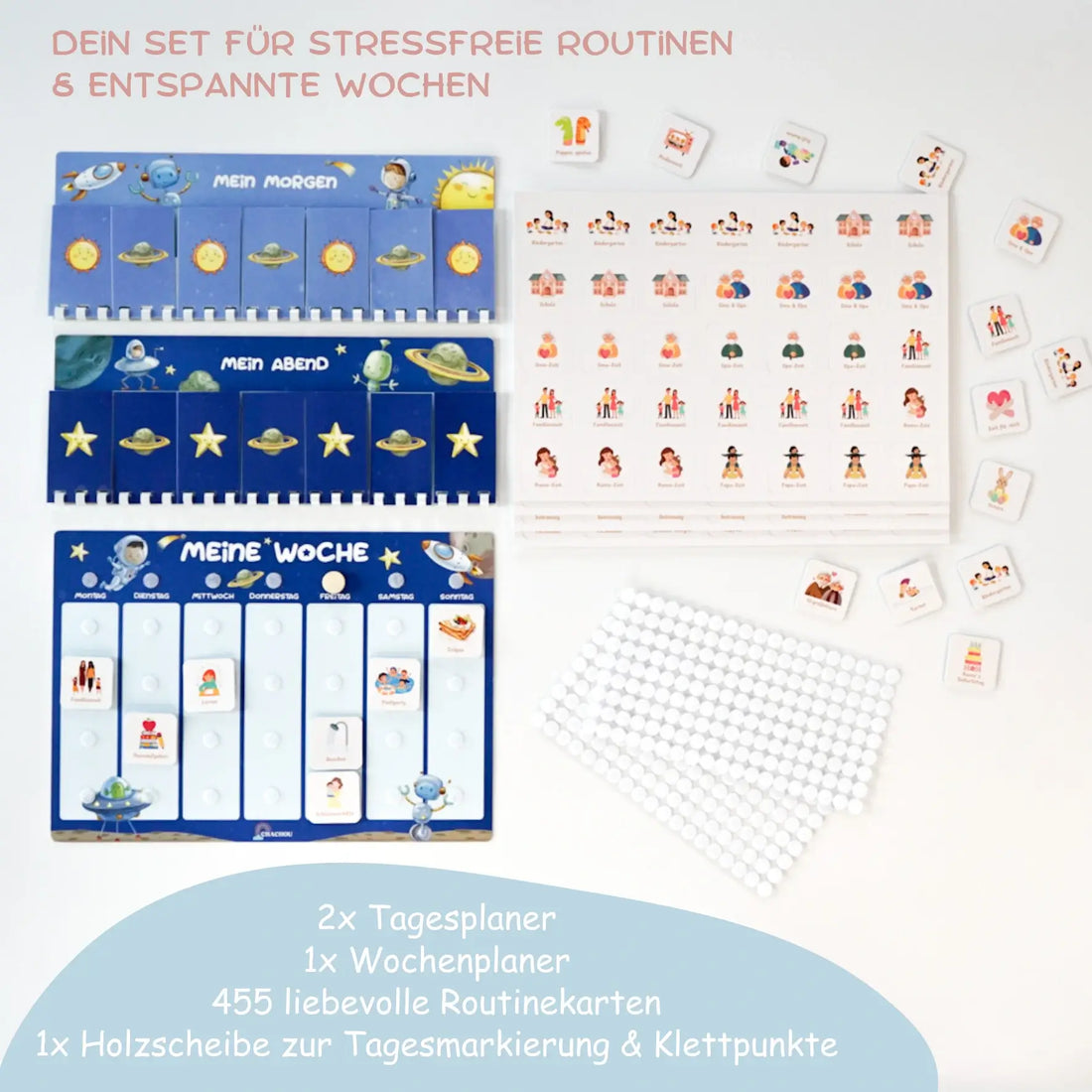routineplaner & wochenplaner Starter Set planeten für kinder lieferumfang