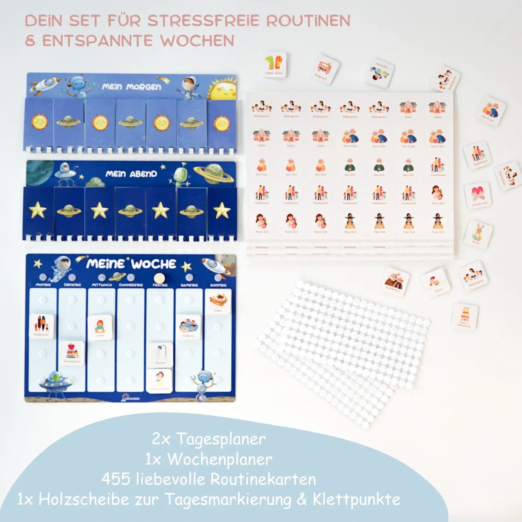 routineplaner & wochenplaner Starter Set planeten für kinder lieferumfang