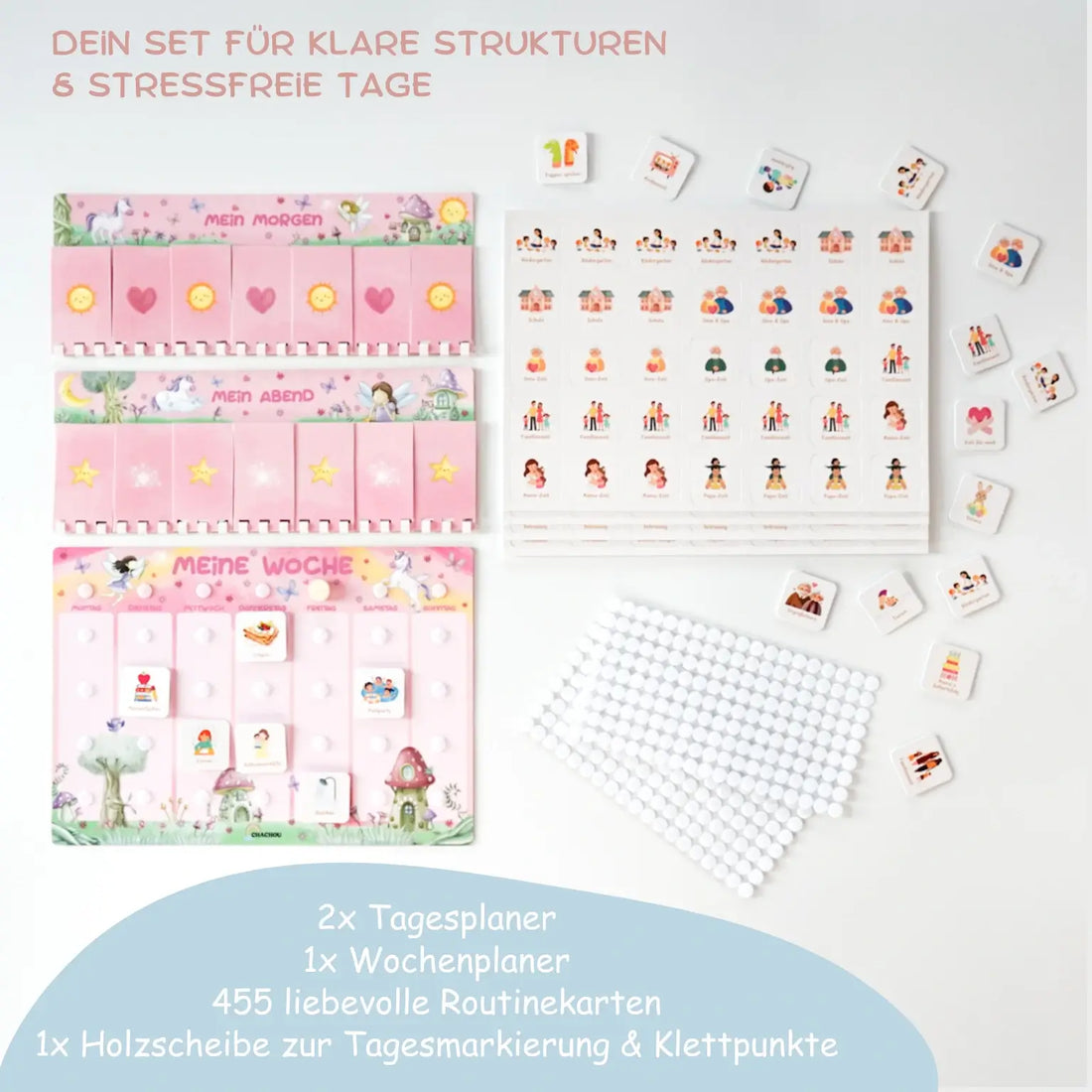 routineplaner & wochenplaner Starter Set zauberwald für kinder lieferumfang