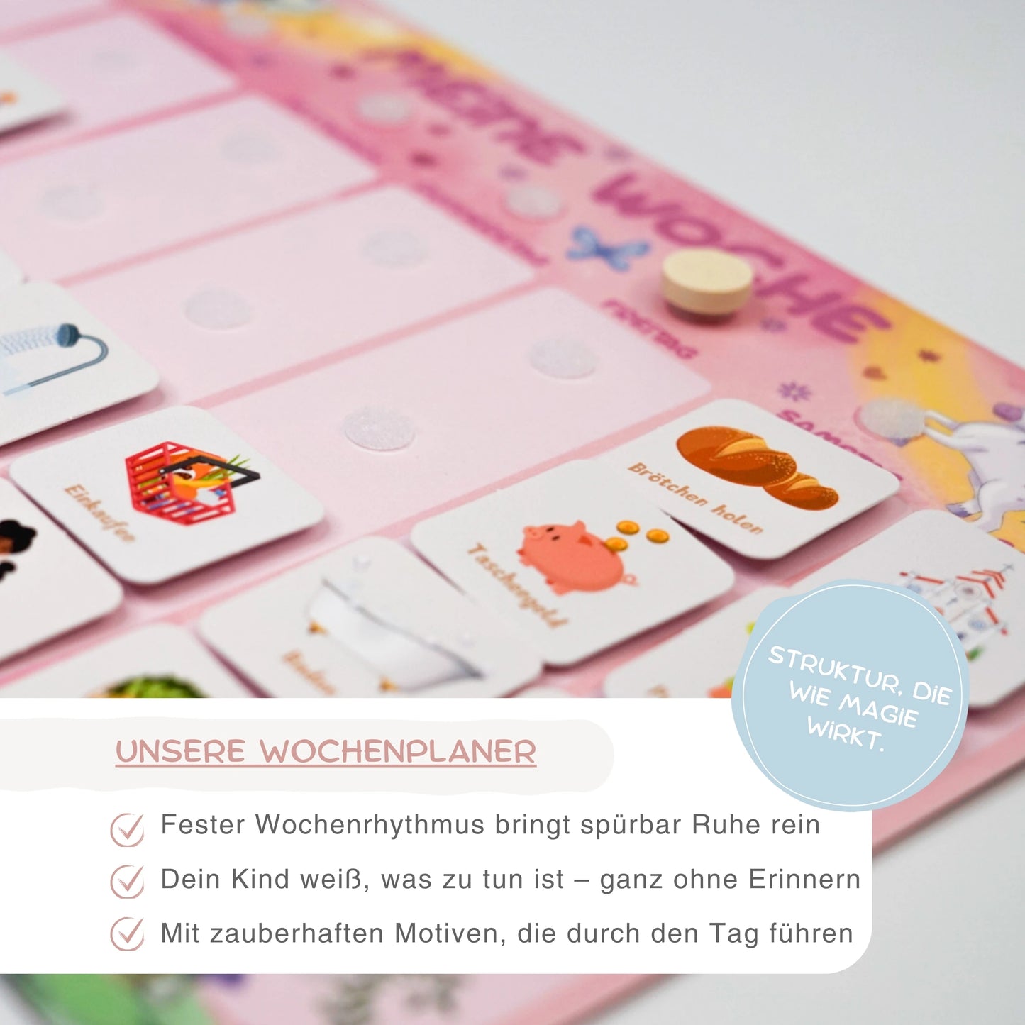 wochenplaner für kinder im zauberwalddesign und kurzer erklärung
